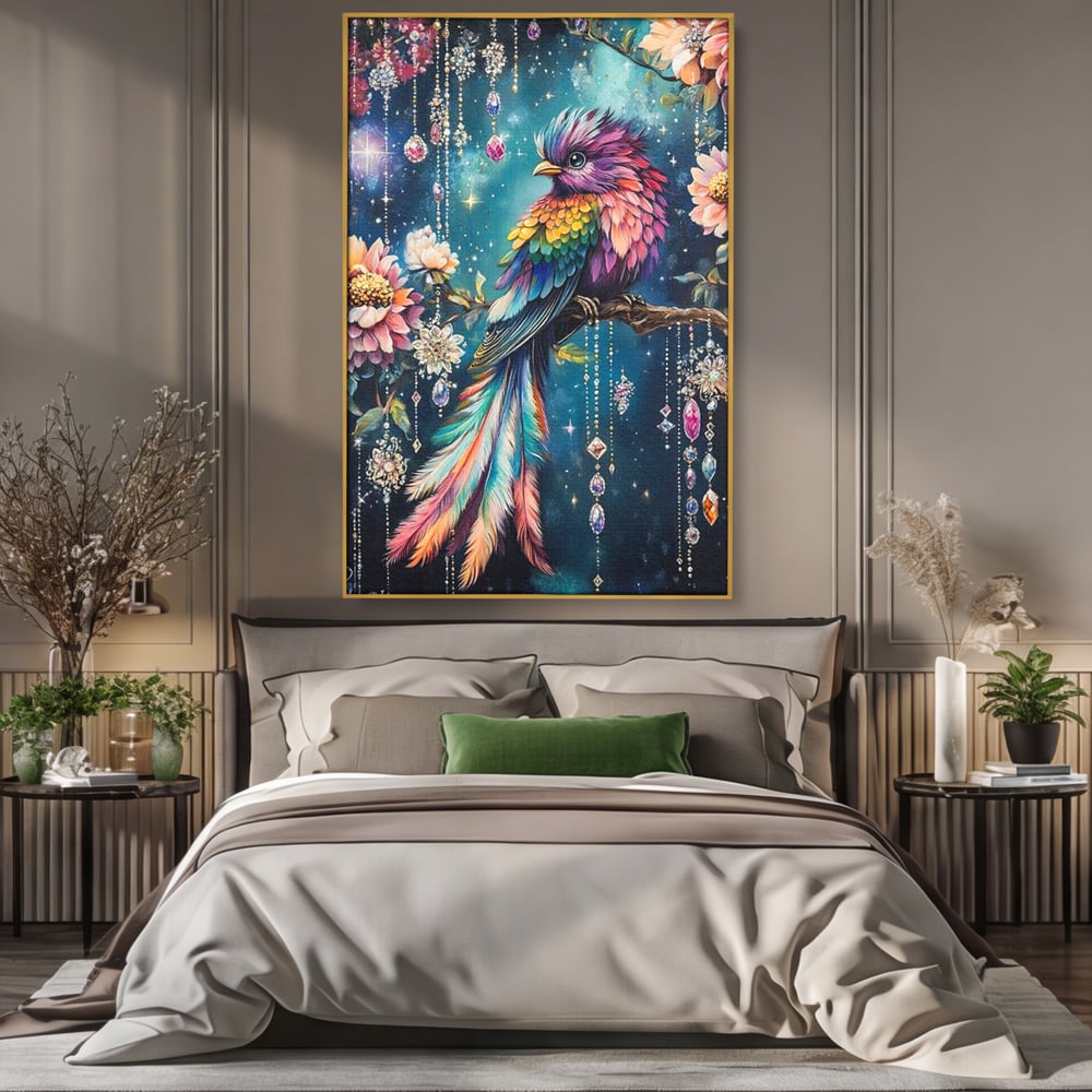 Tablou canvas cu tablou canvas cu pasare colorata si cristale, in rama de aluminiu auriu, pe perete intr-un dormitor